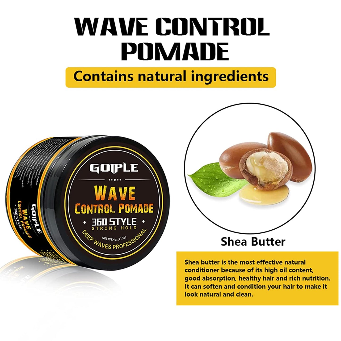 Natural Wave Pomade for Men Strong Hold, Easy Wash 360 Wave Training Hair Cream, Waves Grease for Men Promotes Layered Waves, Moisture, Control and Silky Shine 4Oz